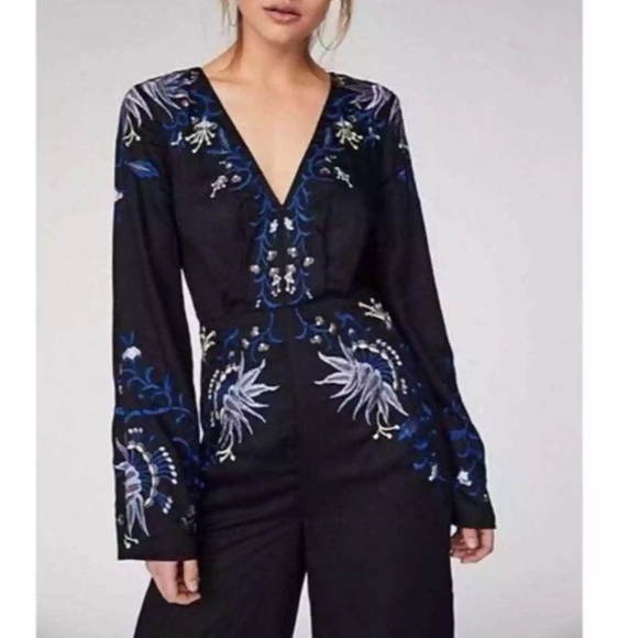 Free People Gypsy Rose Jumpsuit Floral Embroidered Black Size 6 Wide Leg - Picture 11 of 11